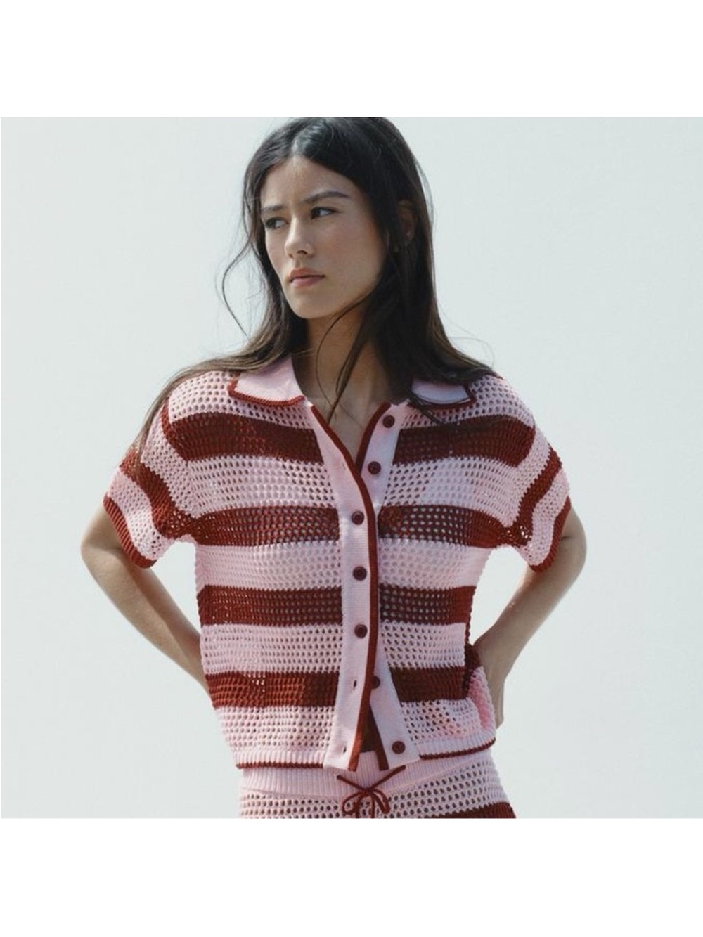 Zara Pink and Burgundy Striped Crochet Polo Cardigan